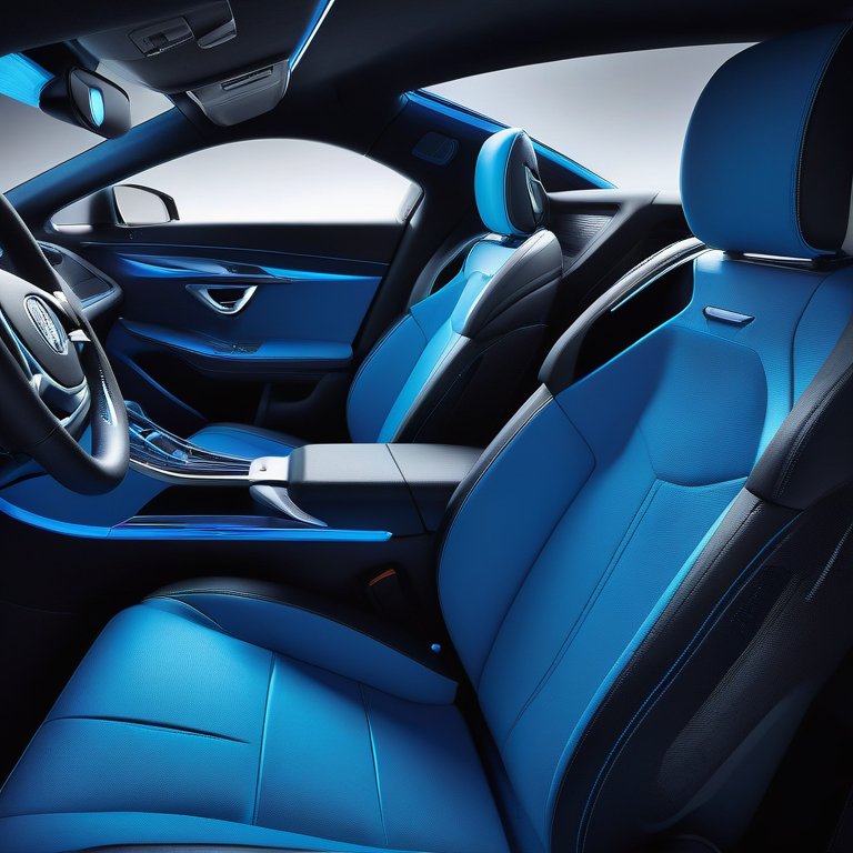 Blue leather car interior showing front seats, steering wheel, and dashboard, lit in cool blue tones for a speaker placement guide