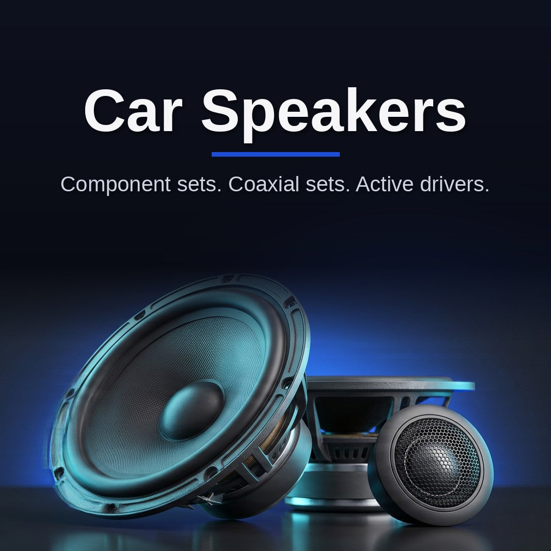 Car Speakers: a component speaker set with woofer, midrange, and tweeter lit in blue, with the tagline Component sets, Coaxial sets, Active drivers.