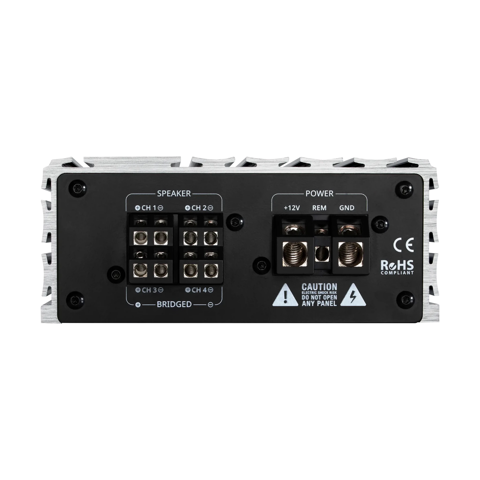 Back view of a car audio amplifier with various connectors and labels on a white background