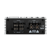 Back view of a car audio amplifier with various connectors and labels on a white background