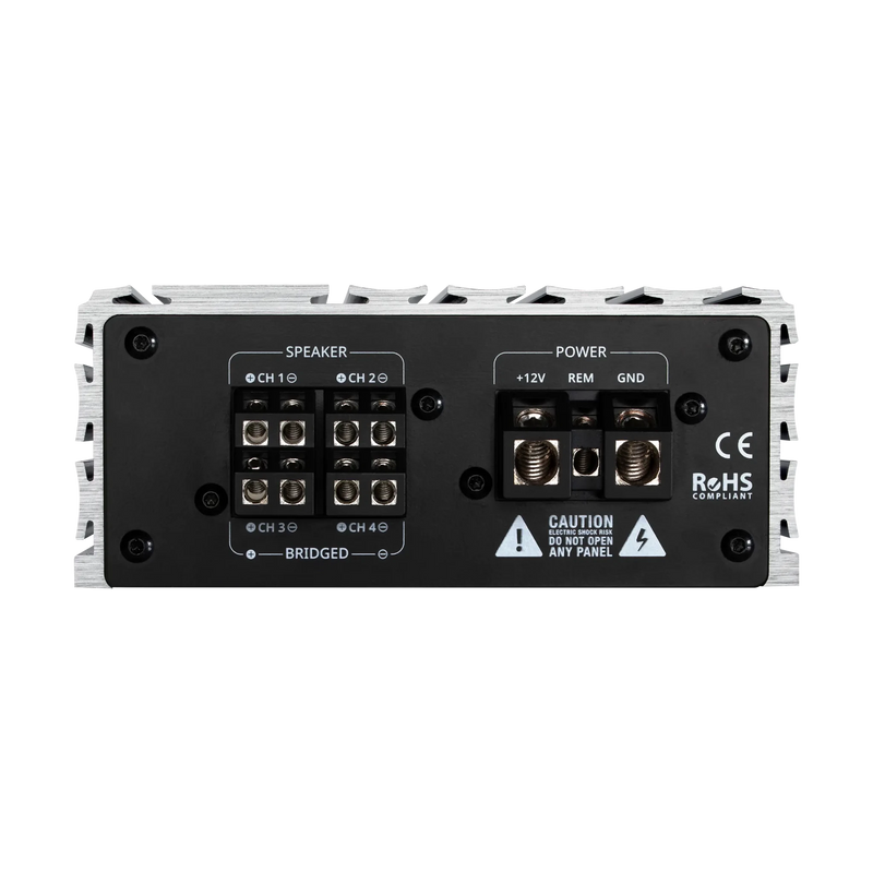 Back view of a car audio amplifier with various connectors and labels on a white background