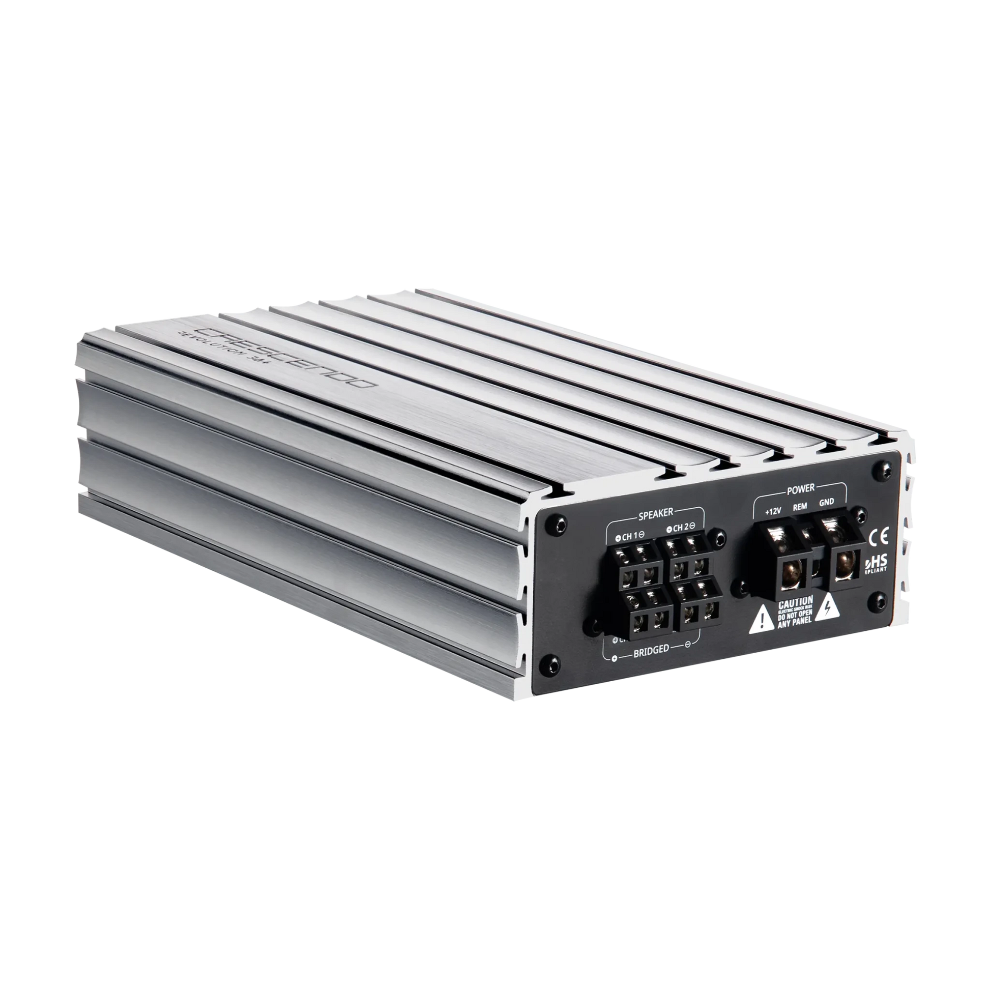 Silver electronic amplifier on a white background