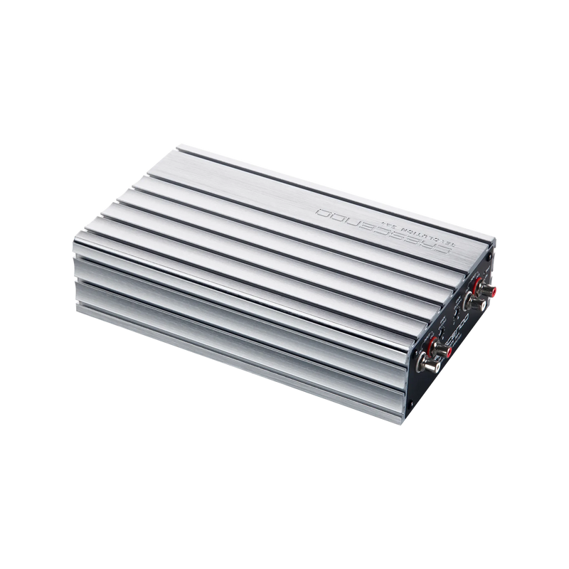 Silver amplifier with brand logo on a white background