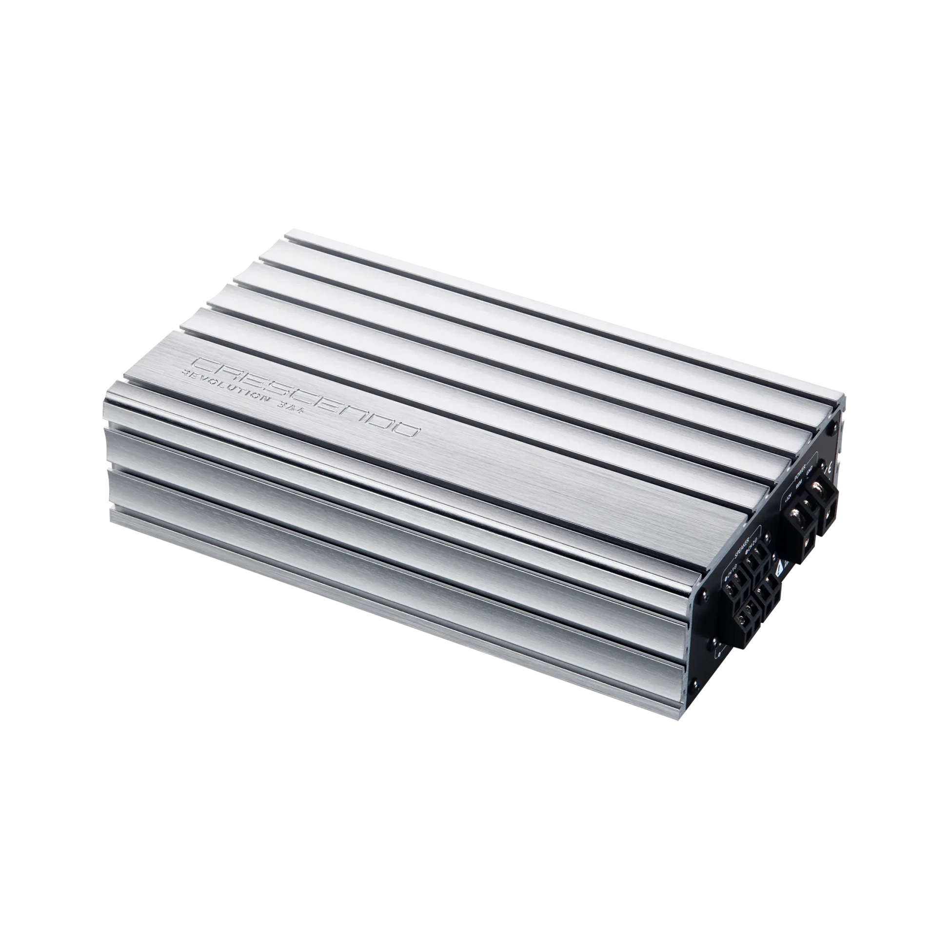 Silver amplifier with brand logo on a white background