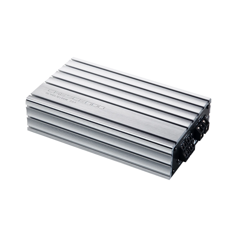 Silver amplifier with brand logo on a white background