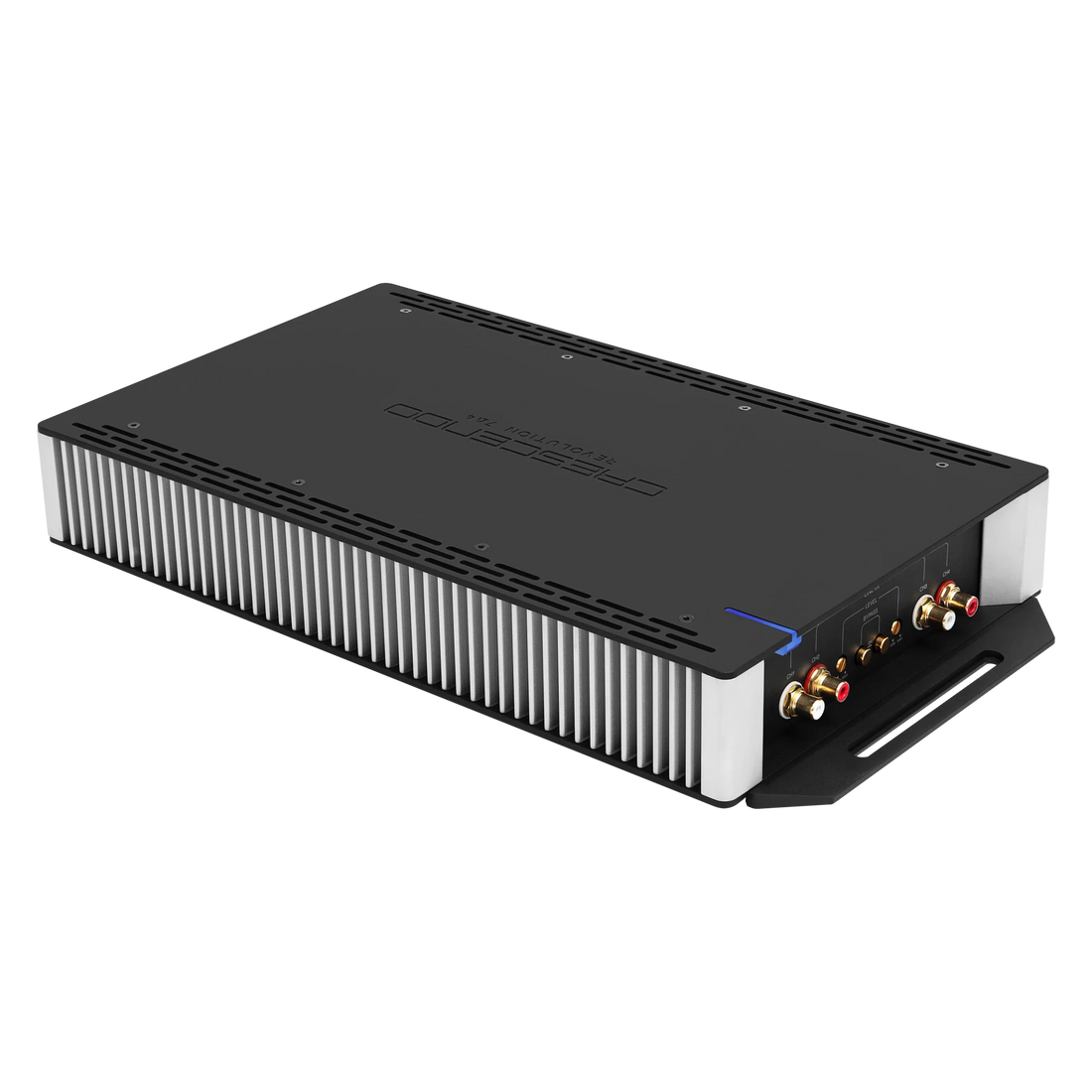 Black amplifier with gold and red connectors on a white background