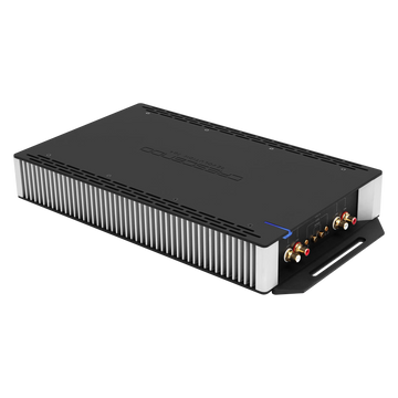 Black amplifier with gold and red connectors on a white background