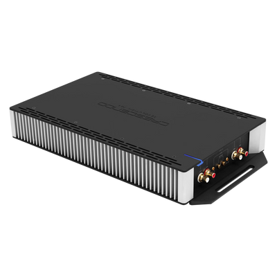 Black amplifier with gold and red connectors on a white background