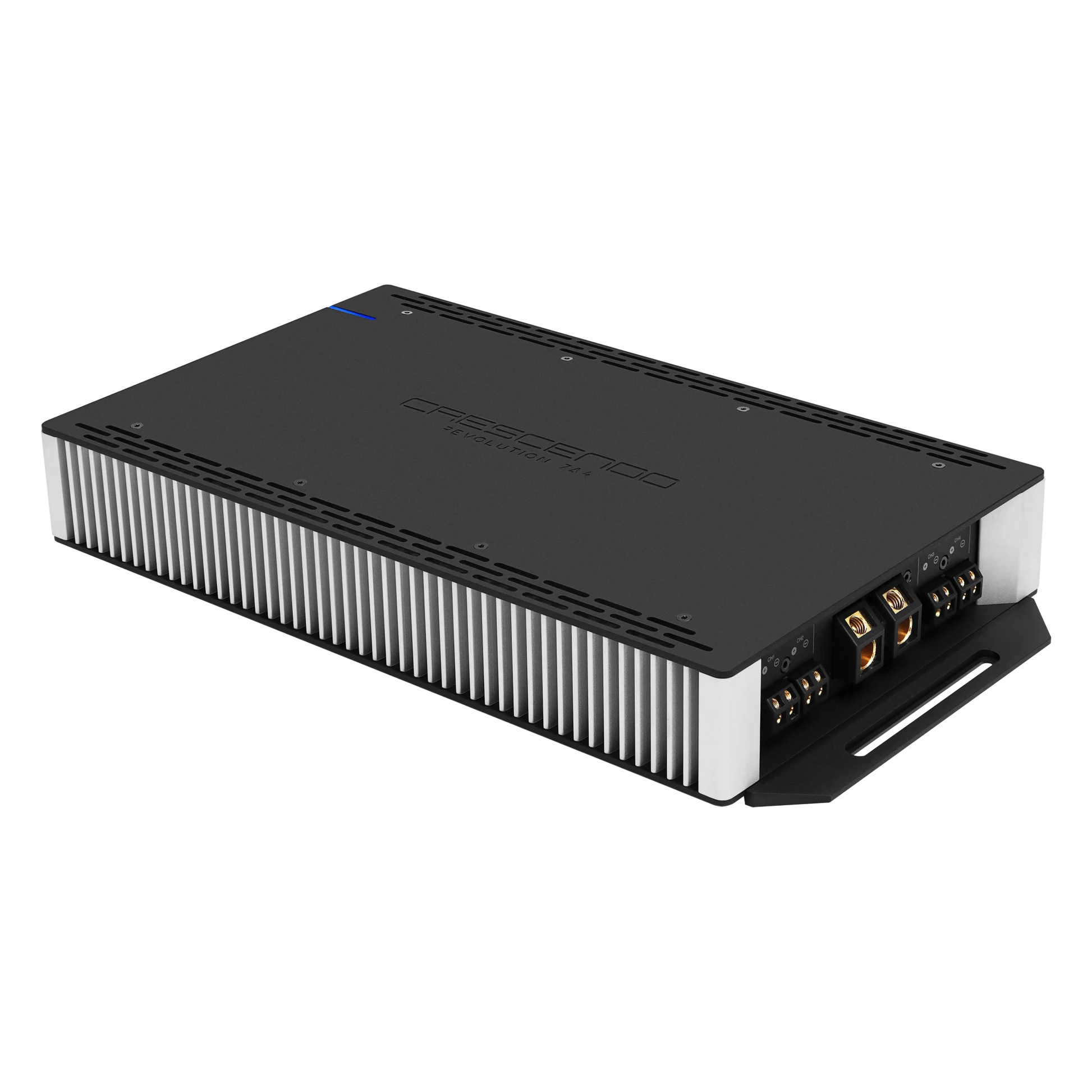 Black electronic amplifier with visible branding on a white background