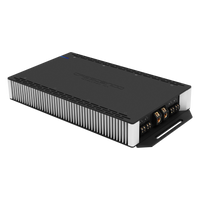 Black electronic amplifier with visible branding on a white background