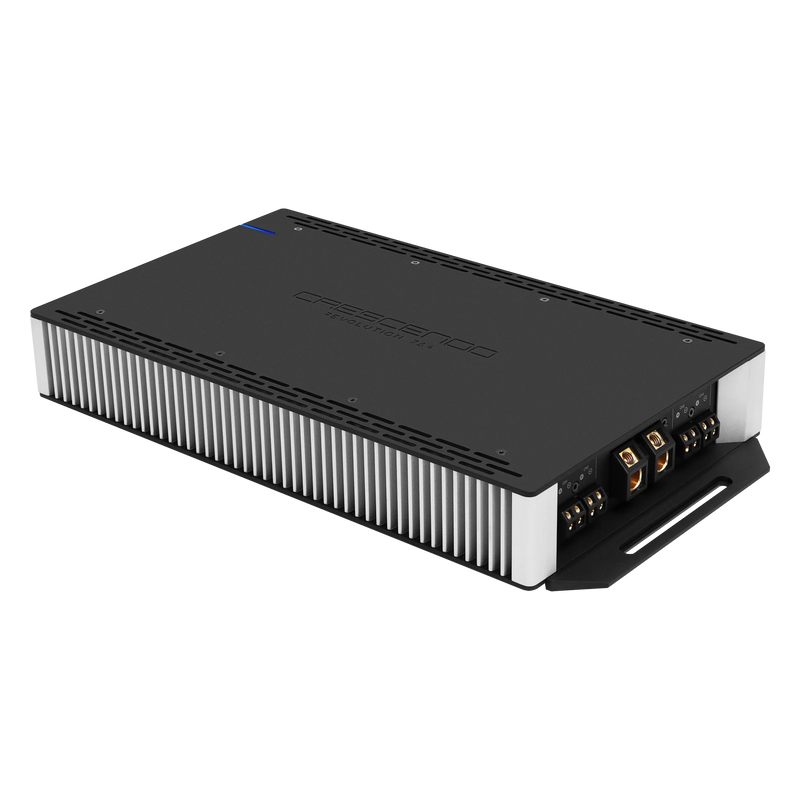 Black electronic amplifier with visible branding on a white background
