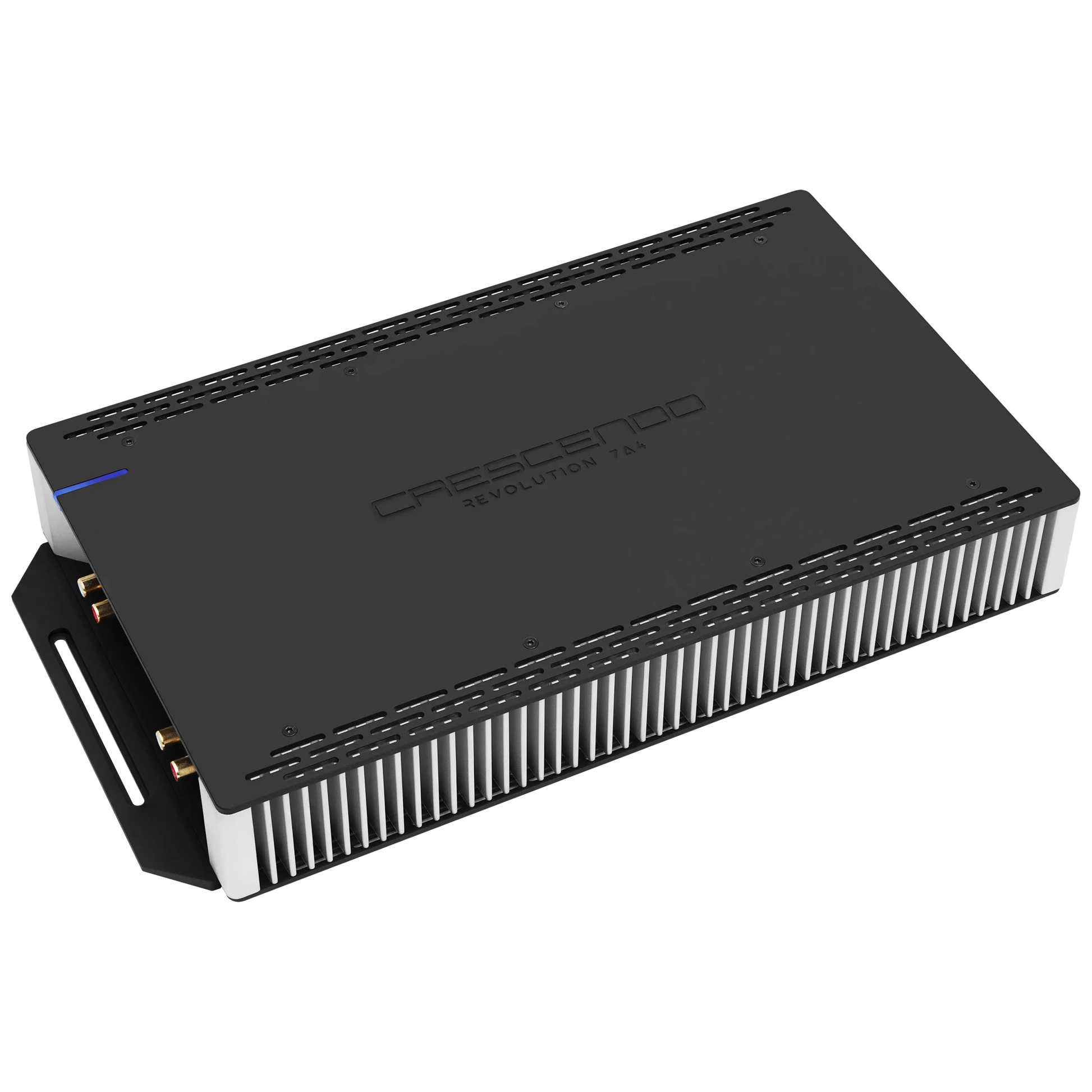 Car audio amplifier with 'Creescendo' branding on a white background