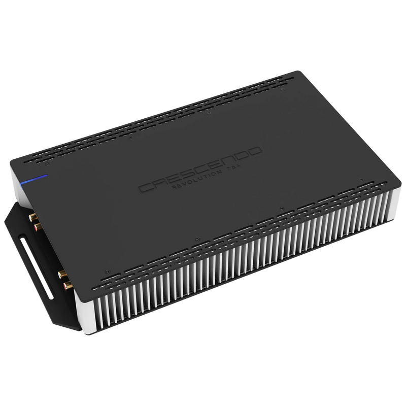 Car audio amplifier with 'Creescendo' branding on a white background