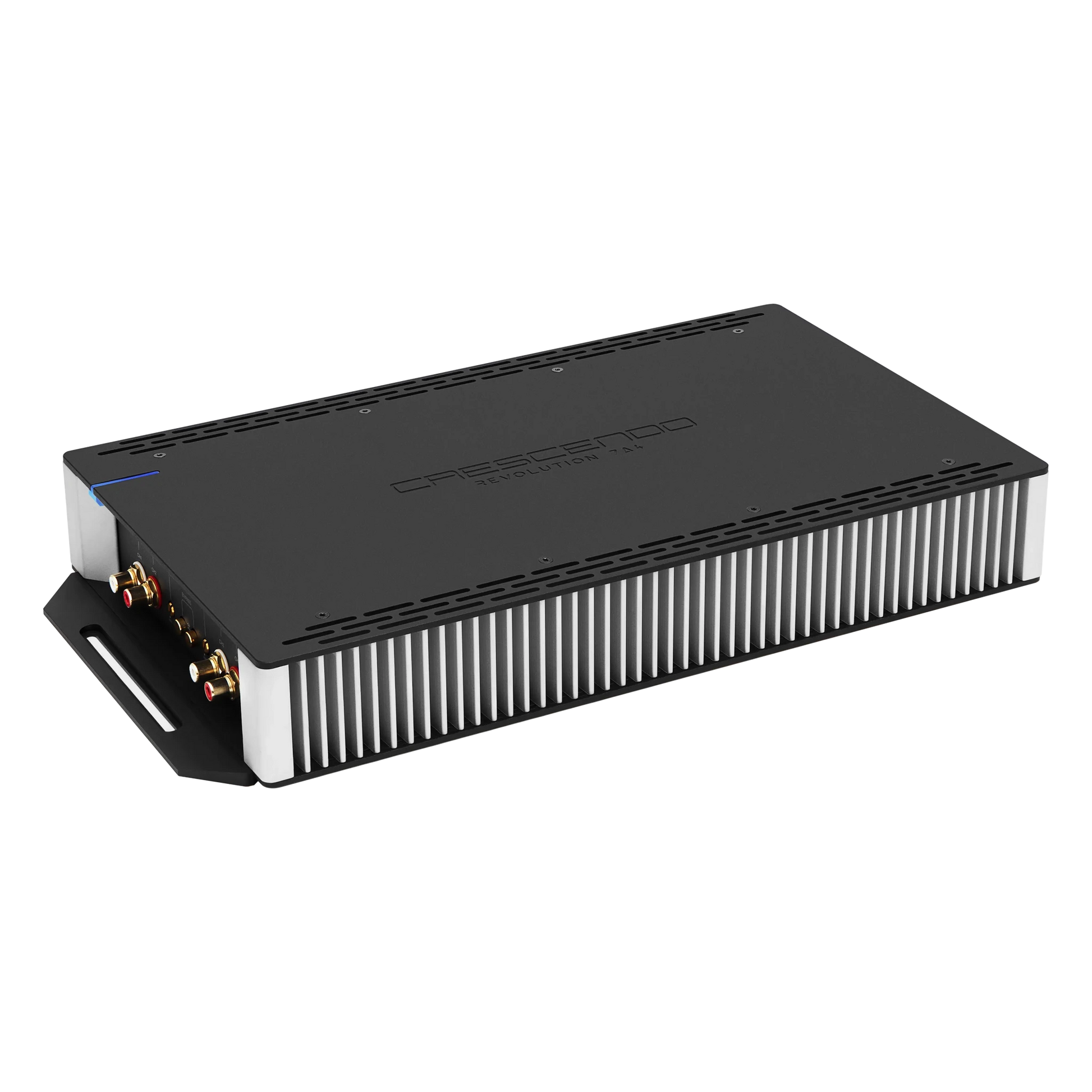 Black amplifier with visible branding on a white background