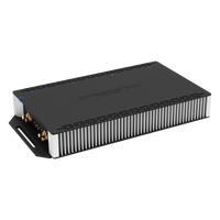 Black amplifier with visible branding on a white background