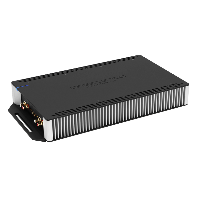 Black amplifier with visible branding on a white background