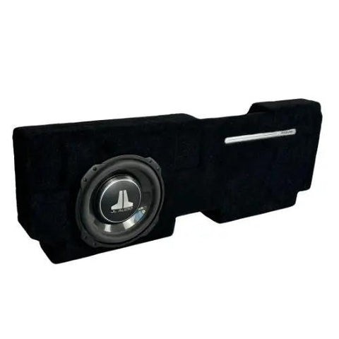 Ford F-150 behind-seat subwoofer enclosure with a JL Audio 10-inch subwoofer installed, angled view
