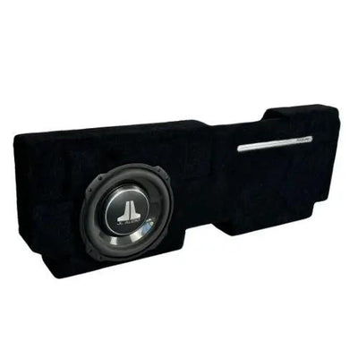 Ford F-150 behind-seat subwoofer enclosure with a JL Audio 10-inch subwoofer installed, angled view