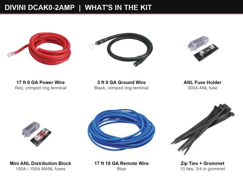 Contents of the Divini DCAK0-2AMP amp kit laid out: 17 ft red 1/0 gauge main power wire, 3 ft black 1/0 gauge main ground wire, 5 ft red 4 gauge secondary power wire, 5 ft black 4 gauge secondary ground wire, fuse holder and accessories
