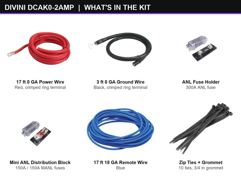Contents of the Divini DCAK0-2AMP amp kit laid out: 17 ft red 1/0 gauge main power wire, 3 ft black 1/0 gauge main ground wire, 5 ft red 4 gauge secondary power wire, 5 ft black 4 gauge secondary ground wire, fuse holder and accessories