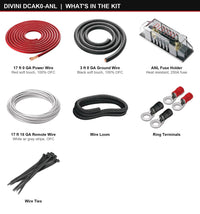 Contents of the Divini DCAK0-ANL amp kit laid out: 17 ft (5 m) 1/0 gauge red soft touch 100% ofc copper power wire, 3 ft (0.9 m) 1/0 gauge black soft touch 100% ofc copper ground cable, 17 ft (5 m) 18 gauge white matte, heat resistant anl fuse holder, fuse holder and accessories