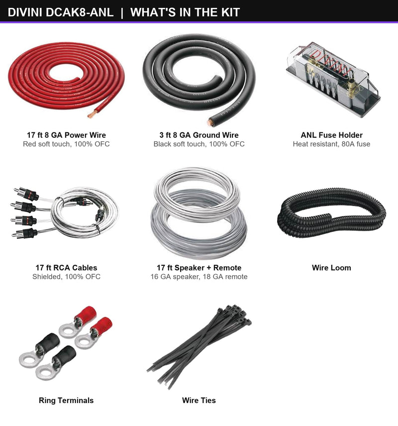 Contents of the Divini DCAK8-ANL amp kit laid out: 17 ft (5 m) 8 gauge red soft touch 100% ofc copper power wire, 3 ft (0.9 m) 8 gauge black soft touch 100% ofc copper ground cable, 17 ft (5 m) gray and white shielded 100% ofc copper rca cables, 17 ft (5 m) 16 gauge gray and white 100% ofc copper speaker wire, fuse holder and accessories