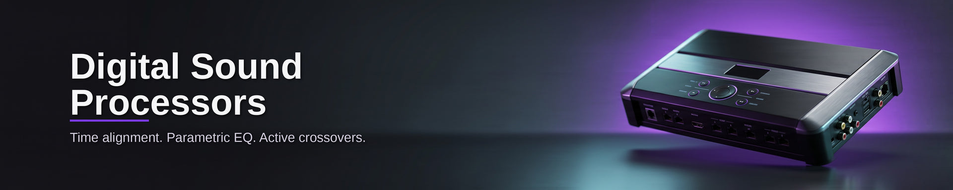 Digital sound processor on a dark background with text about features.