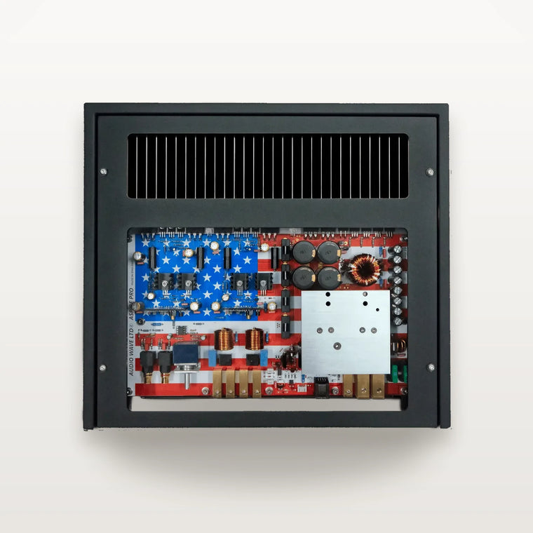 Audio Wave Aspire Pro USA amplifier interior showing American flag circuit board