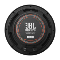Rear of the JBL Club 102SL showing the motor label, 350W RMS and 1050W peak rating, and terminal cup
