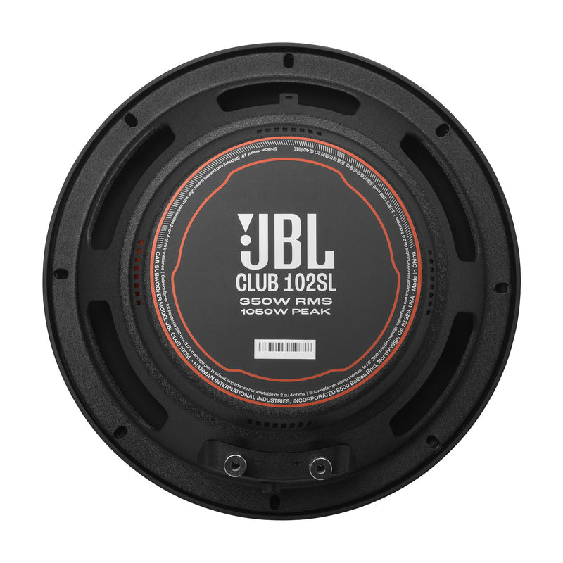 Rear of the JBL Club 102SL showing the motor label, 350W RMS and 1050W peak rating, and terminal cup