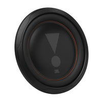 JBL Club 102SL 10 inch shallow subwoofer, angled front view of the aluminum cone with the JBL exclamation logo and orange accent ring