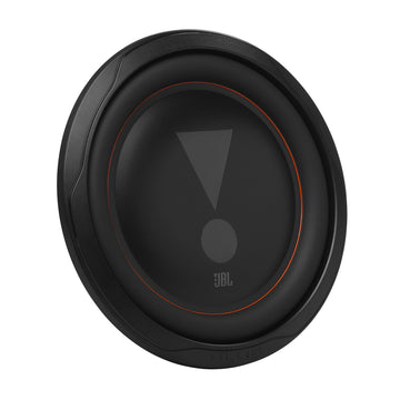 JBL Club 102SL 10 inch shallow subwoofer, angled front view of the aluminum cone with the JBL exclamation logo and orange accent ring