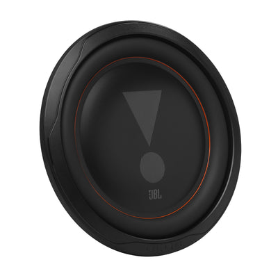 JBL Club 102SL 10 inch shallow subwoofer, angled front view of the aluminum cone with the JBL exclamation logo and orange accent ring