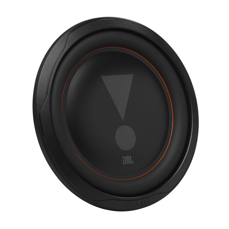 JBL Club 102SL 10 inch shallow subwoofer, angled front view of the aluminum cone with the JBL exclamation logo and orange accent ring