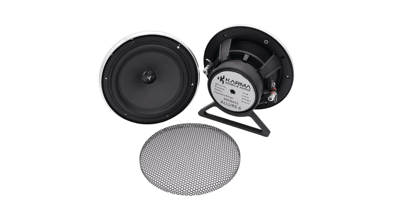 A pair of black and silver KAPMA Allure 6 inch midbass speakers shown disassembled, with one speaker face, the other showing the internal cone and backplate, and a separate circular metal grille on a white background.