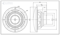 Technical drawing of a speaker with dimensions labeled, featuring the Karma brand.