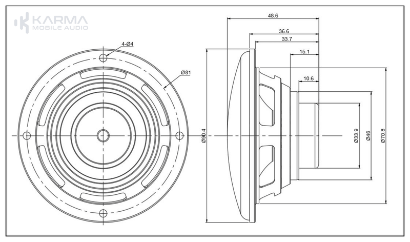 Technical drawing of a speaker with dimensions labeled, featuring the Karma brand.