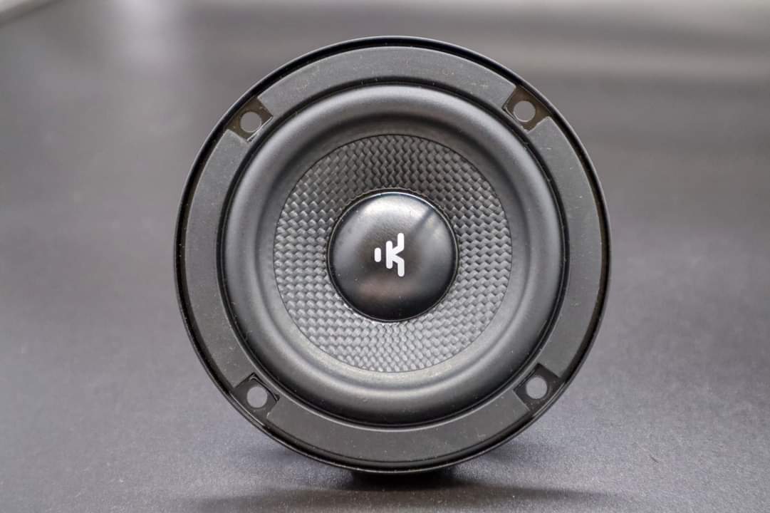 Speaker driver with brand logo on a gray background