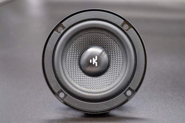 Speaker driver with brand logo on a gray background