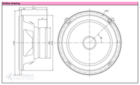 Technical drawing of a speaker with dimensions and labels, branded 'Karma Mobile Audio'.