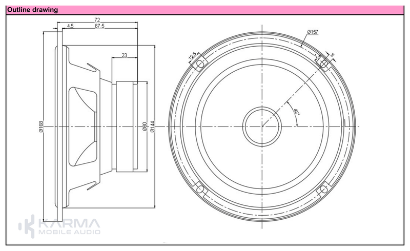 Technical drawing of a speaker with dimensions and labels, branded 'Karma Mobile Audio'.