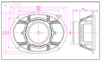 Technical drawing of a speaker with dimensions labeled