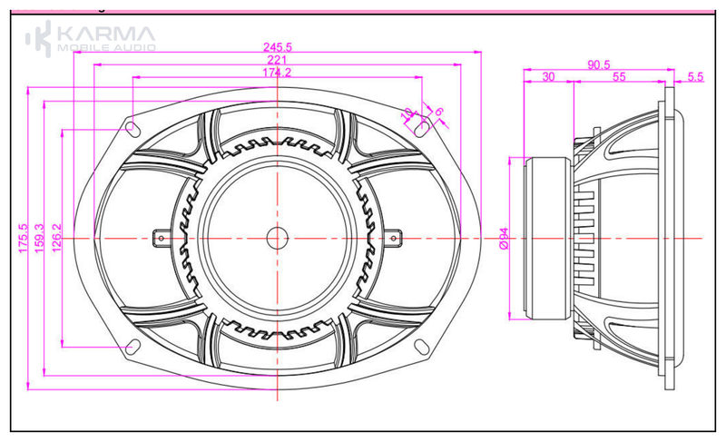 Technical drawing of a speaker with dimensions labeled