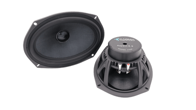 Two black car speakers shown on a plain white background, one displaying the front cone and the other showing the rear assembly with terminal connectors.