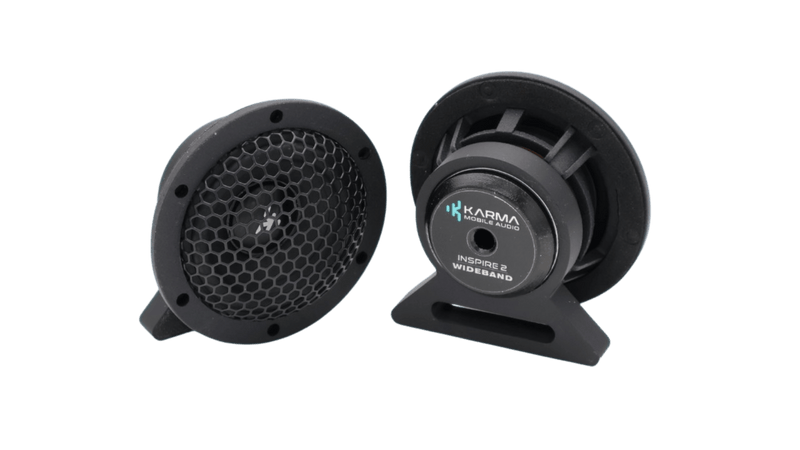Two black Karma Mobile Audio 2 inch wideband car speakers shown from the front and side on a white background.