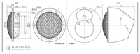 Technical drawing of a speaker with dimensions and 'Karma Mobile Audio' branding.