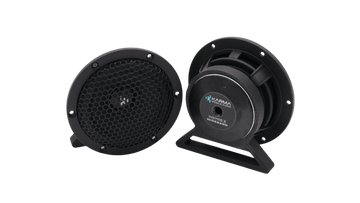 Two black Karma Mobile Audio Inspire 3 inch speakers shown on a white background, one displaying the front honeycomb grille and the other showing the side profile with a mounting bracket and the logo.