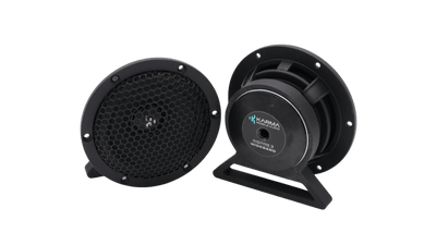 Two black Karma Mobile Audio Inspire 3 inch speakers shown on a white background, one displaying the front honeycomb grille and the other showing the side profile with a mounting bracket and the logo.