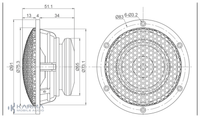 Technical drawing of a speaker with dimensions and specifications