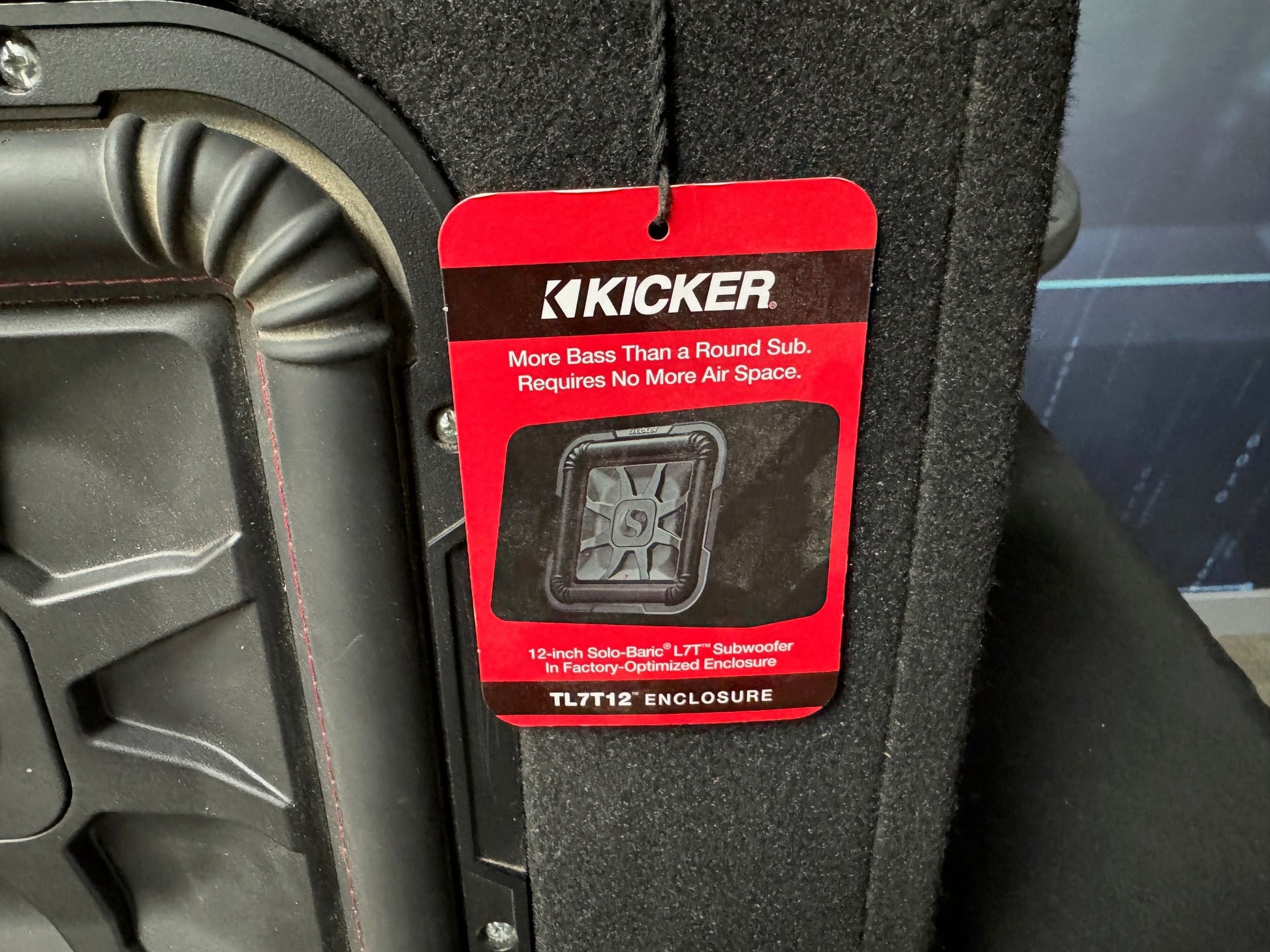 Kicker 46TL7T122 Sealed 2 - ohm enclosure with single square L7T Series 12" shallow - mount subwoofer | Display - Kicker Enclosed Subwoofer for car audio systems